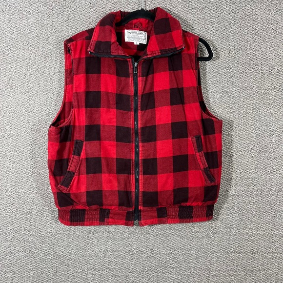 VTG Woodland Vest Jacket Men Medium Red Plaid‎ Lined Sleeveless Full Zip Quilted - Picture 1 of 8